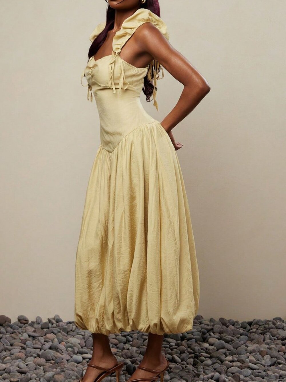 Yellow Elegant Women's Balloon A Line Ruffle Strap Midi Dress - Picture 4 of 6